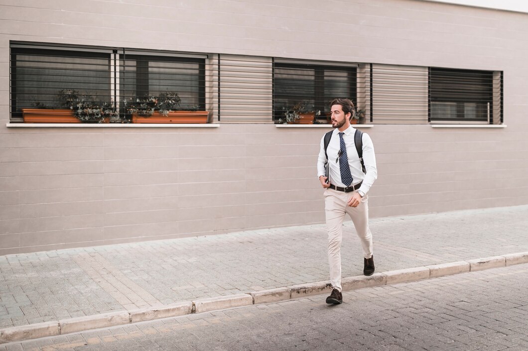 man crossing street wearing cream pant with bag