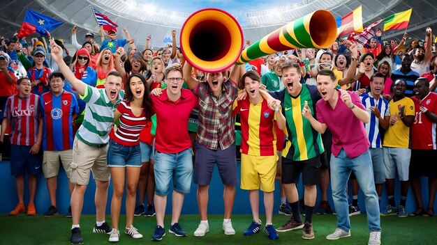 Crowd of excited soccer fans in a stadium cheering with flags and horns, celebrating together in colorful outfits.