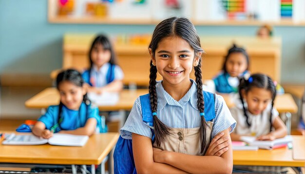 Smiling schoolgirl with braided hair stands confidently in classroom with classmates working at desks behind her.