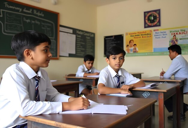 Young boys in school uniforms sit at desks writing in notebooks in a classroom with chalkboard and posters.