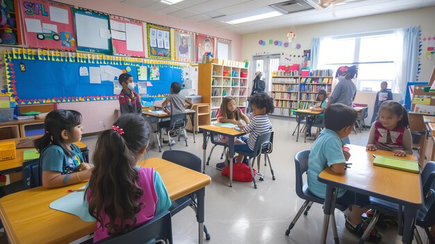 Bright classroom with young students seated at desks, teacher assisting, colorful walls and learning materials around.